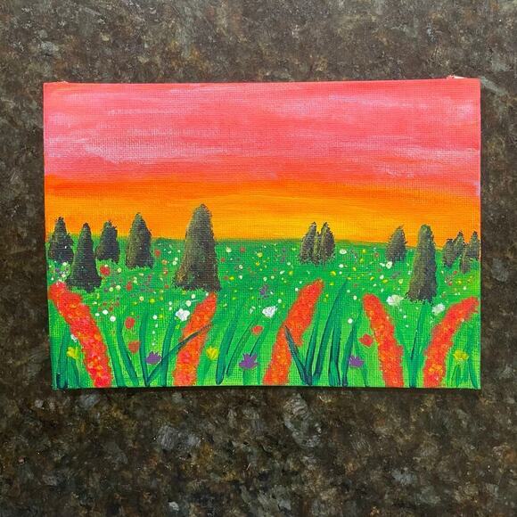 Handmade acrylic painting landscape wild flowers 5X7 - Picture 3 of 4